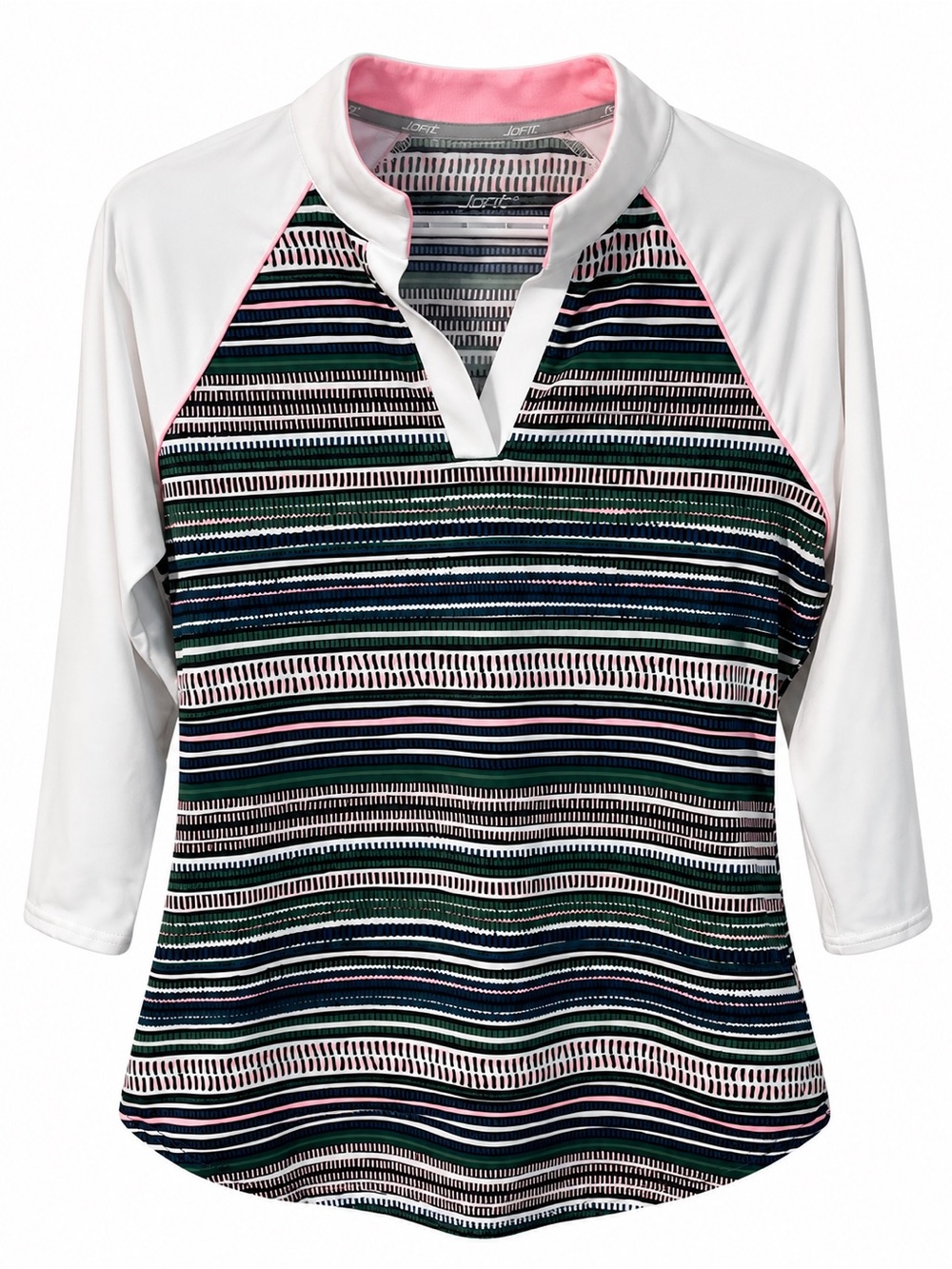 Jofit Women’s Striped Raglan Top – White and Navy with Pink Trim size medium